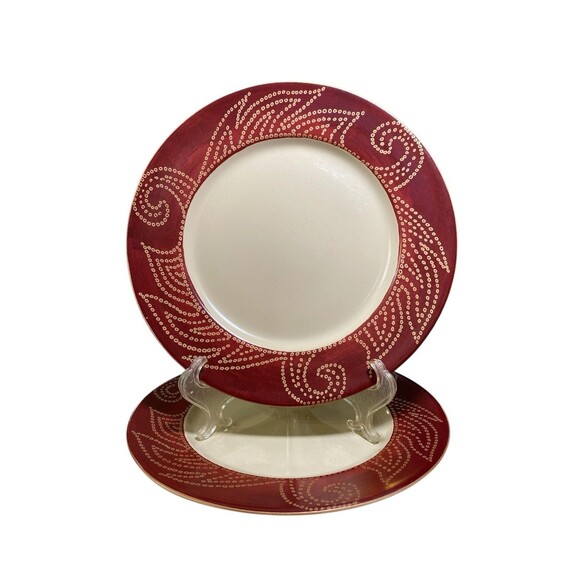 Pier 1 Imports Matira Dinner Plates - Set of 2 - 10.5” Stoneware Red Cream - Picture 2 of 9